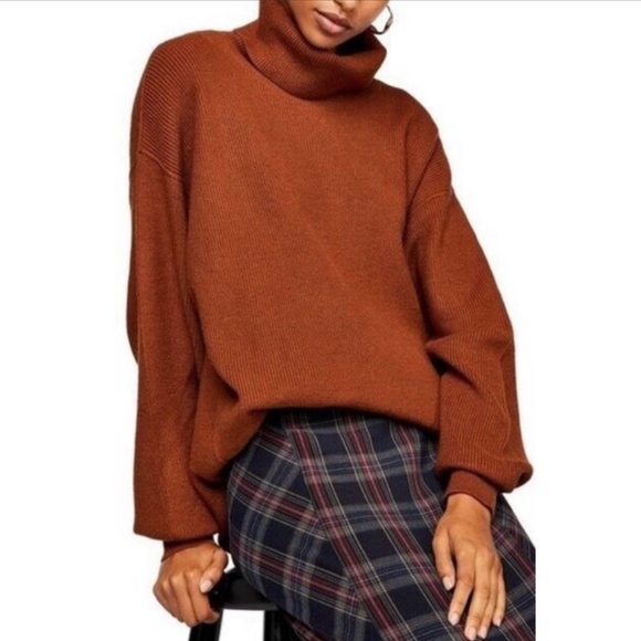 Free People Softly Structured Turtleneck Sweater Tunic Ribbed Oversized Brown XS - Picture 1 of 14